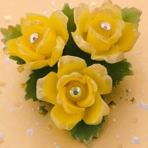 Vintage 1950s Brooch - Yellow Roses, Molded Plastic, Made In Germany